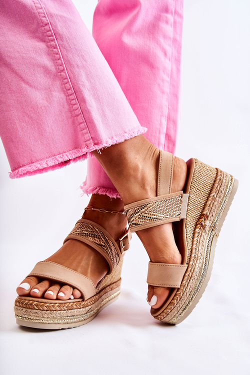 Zamszowe Sandały Na Koturnie Beżowe Annabel