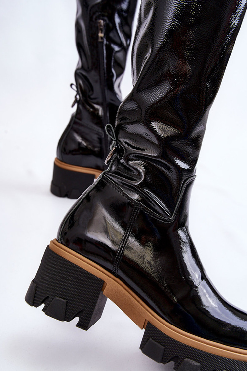 Modne Lakierowane Damskie Kozaki Przed Kolano Czarne Venise