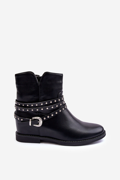 Zdobione Skórzane Botki Damskie Na Płaskim Obcasie Czarne Adkrana