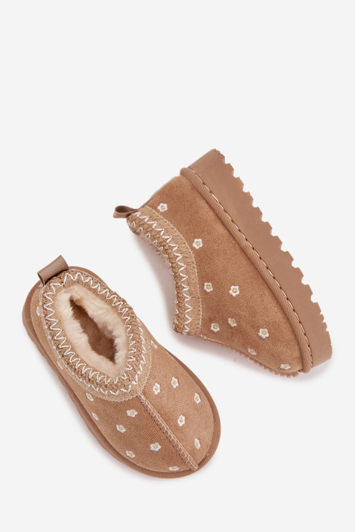 Śniegowce Dziecięce Z Kwiatuszkami Ocieplane Futerkiem Beżowe Palina