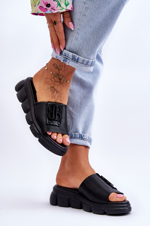 Damskie Skórzane Klapki Na Platformie Z Ozdobą Czarne Monroe