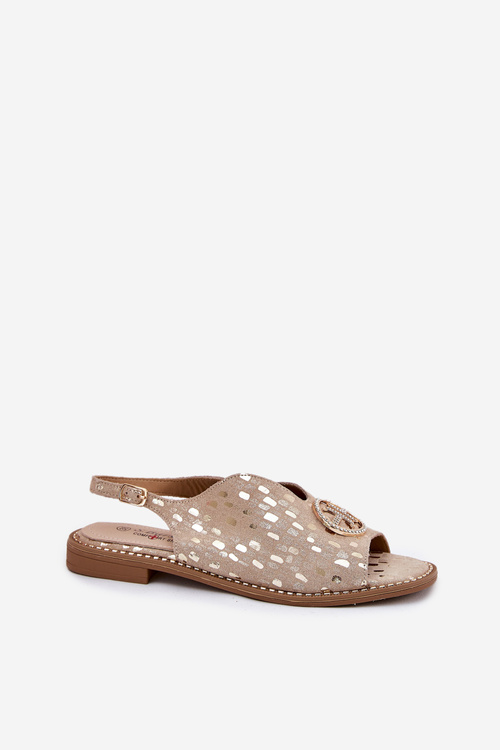 Skórzane Sandały Na Płaskim Obcasie Z Ozdobą S.Barski KV51-094 Złote