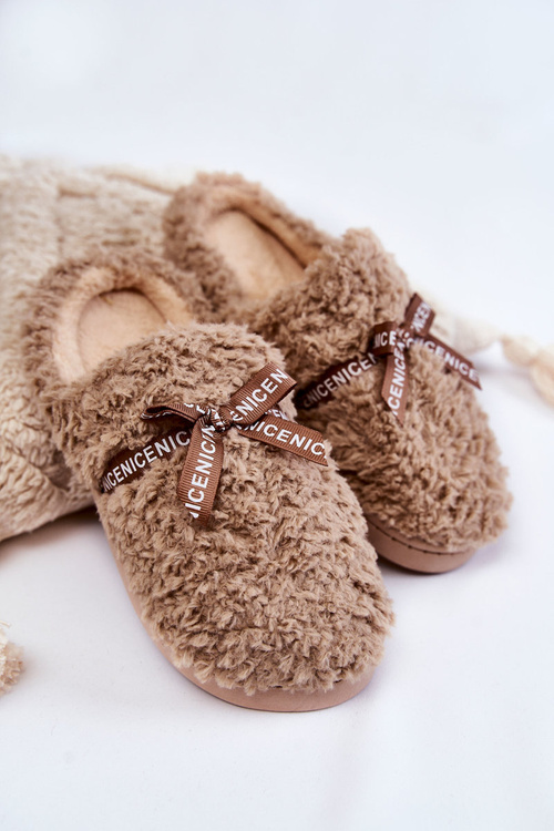 Damskie Futrzane Papcie Z Kokardką Beżowe Ryana