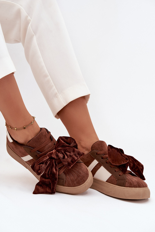 Sneakersy Damskie Z Welurową Kokardą Brązowe Ashlyn