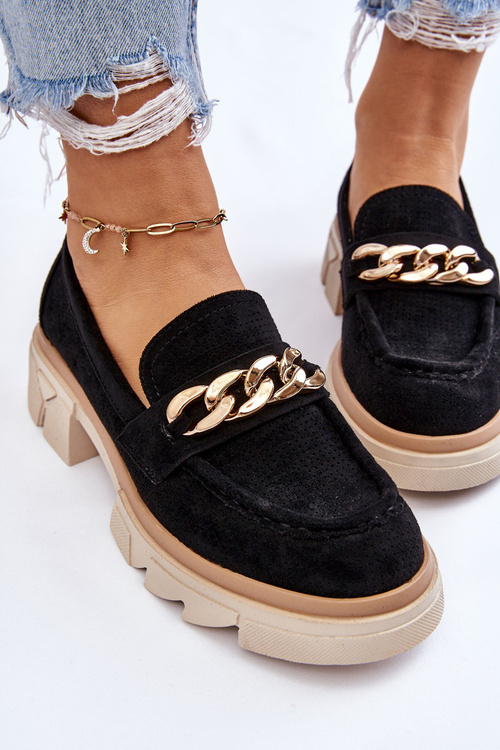 Damskie Półbuty Mokasyny Z Łańcuchem Czarne Luella