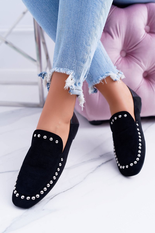 Lu Boo Damskie Czarne Lordsy Baleriny z Dżetami Planta