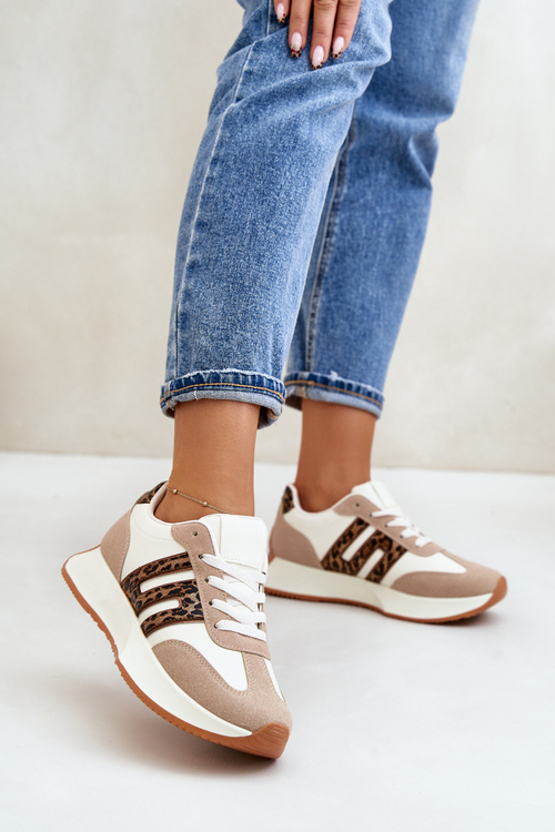 Sneakersy Buty Sportowe Na Platformie Panterka Damskie Beżowe Thari
