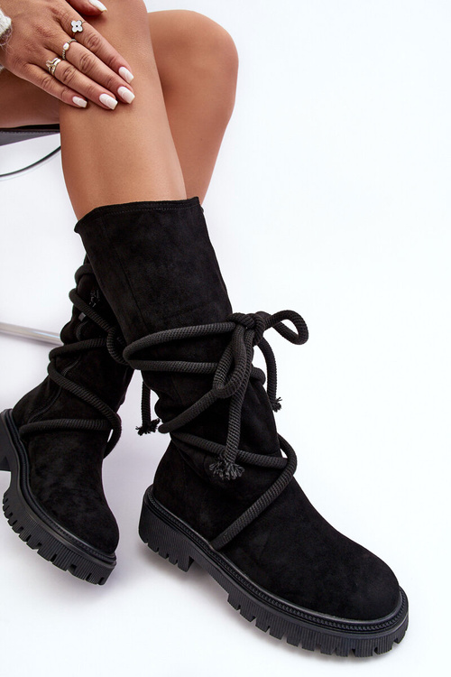 Zamszowe Kozaki Damskie Z Wiązaniem Czarne Tanive