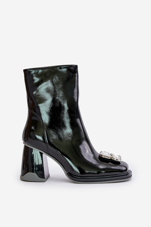 Lakierowane Botki Damskie Na Słupku Z Ozdobą D&A MR880-019 Czarne