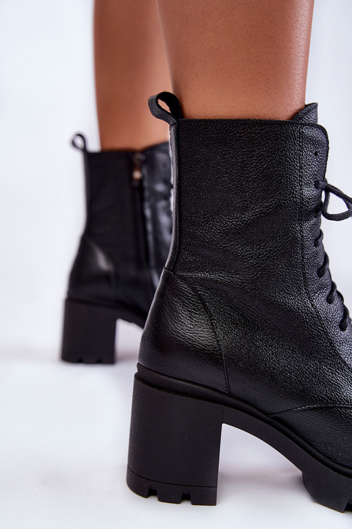 Skórzane Damskie Botki Na Obcasie Czarne Lemar Rea