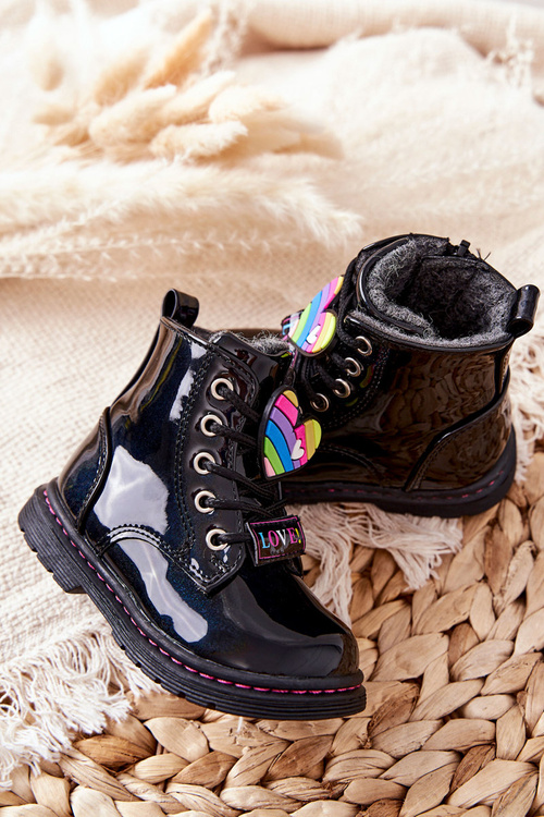 Lakierowane Botki Ocieplane Wełną Czarne Anlon