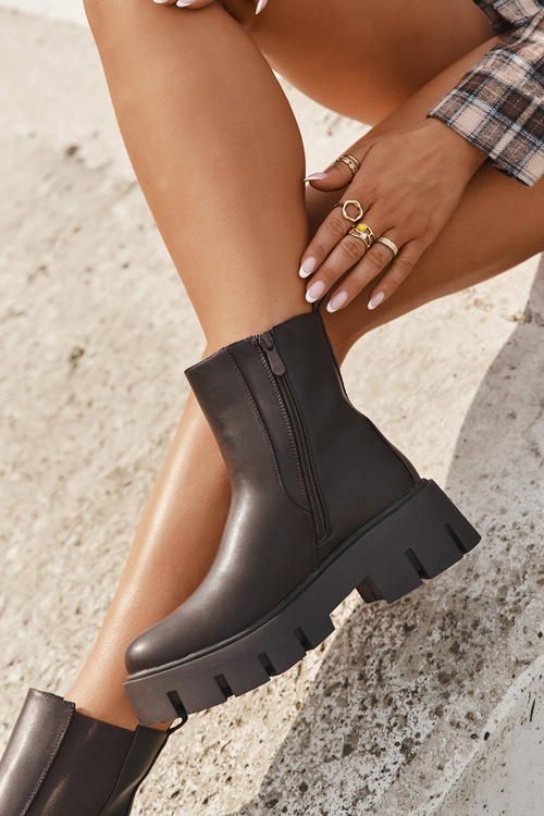 Botki Sztyblety Damskie Ocieplane Na Zamek Eko Skórzane Ciemnobrązowe Fivienne