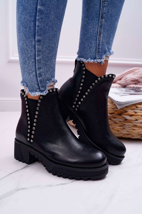 Damskie Botki Sztyblety Z Cyrkoniami Czarne Sissy