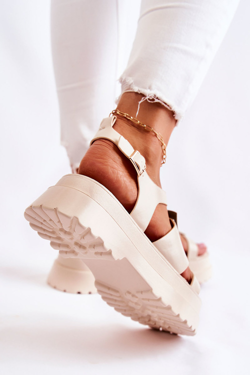 Damskie Skórzane Sandały Na Platformie Beżowe Corene