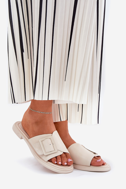 Skórzane Klapki Damskie Z Klamrą D&A SJ2302-01 Beżowe