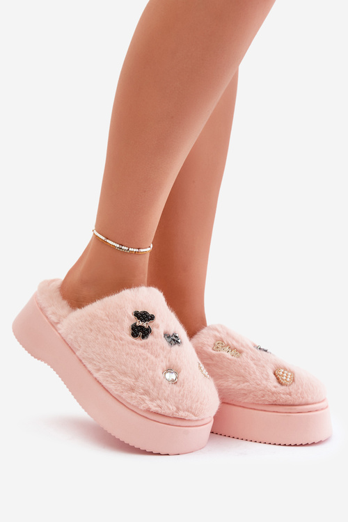Futrzane Kapcie Damskie Na Grubej Podeszwie Z Przypinkami Różowe Zintoria