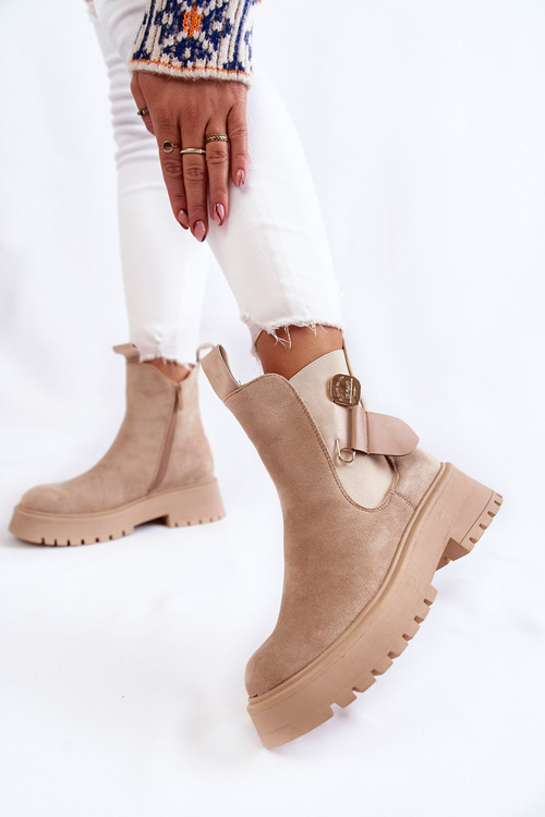 Zamszowe Ocieplane Botki Workery Beżowe Magnis