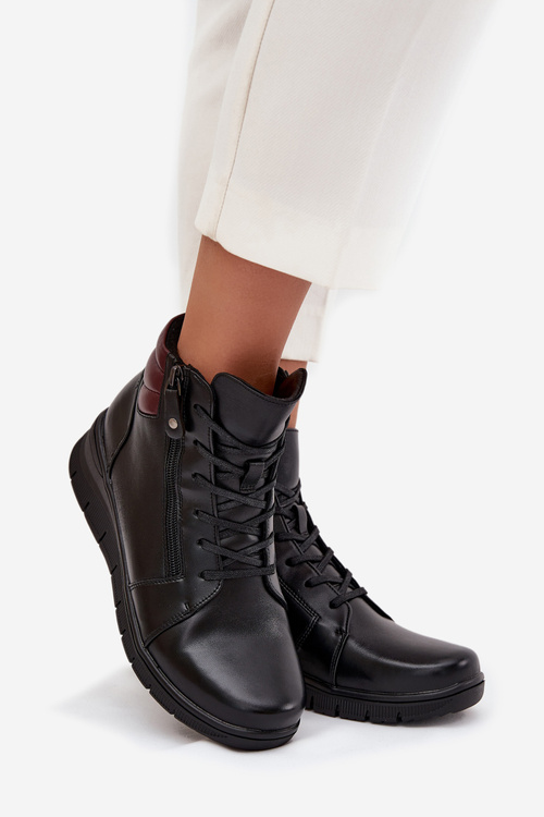 Skórzane Botki Damskie Na Koturnie Ocieplane Vinceza 39963 Czarne