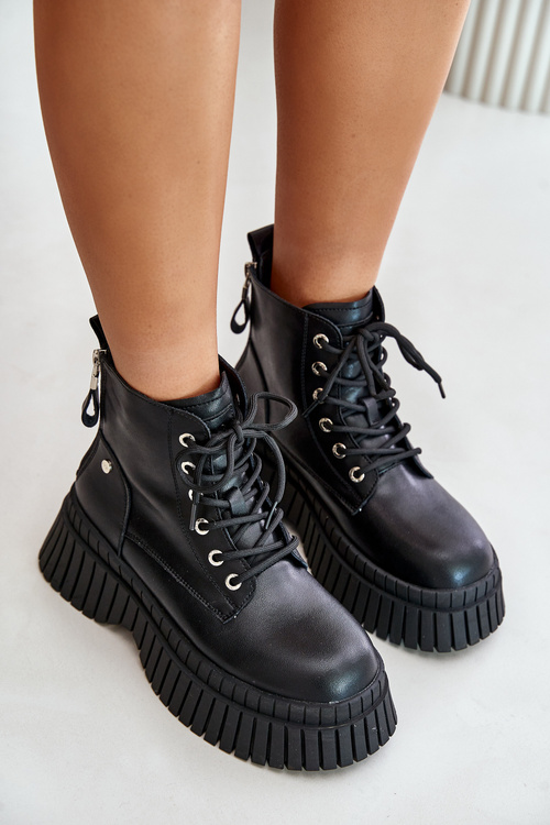 Ocieplane Skórzane Botki Trapery Na Masywnej Podeszwie GOE OO2N4126 Czarne