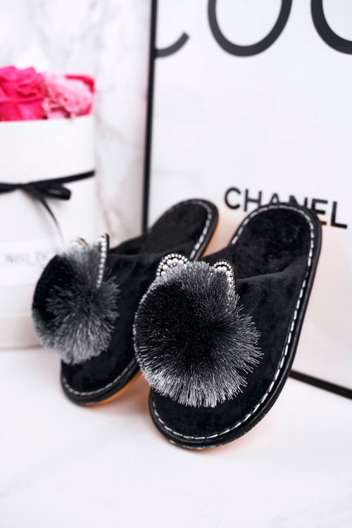 Dziecięce Klapki Papcie Z Pomponem Czarne Cinderella