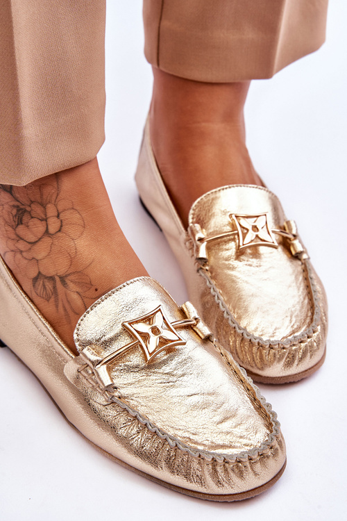 Klasyczne Skórzane Mokasyny Z Ozdobą Laura Messi 2459 Złote