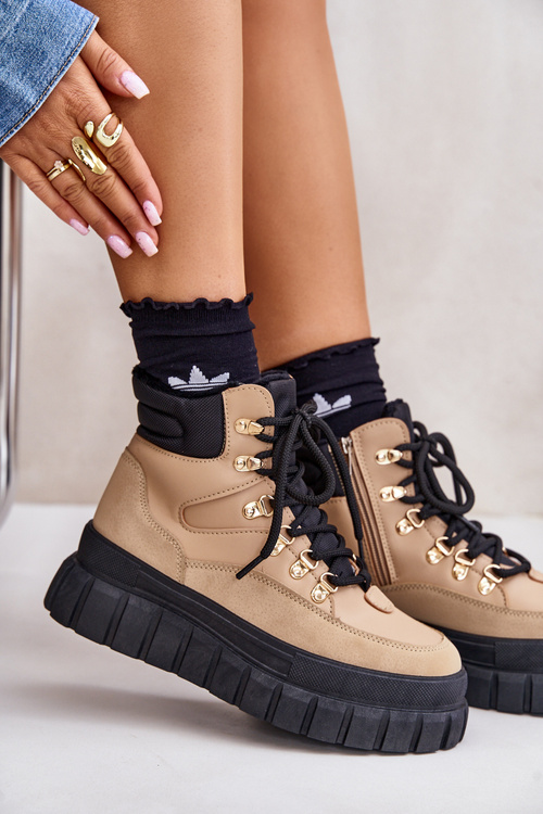 Damskie Ocieplane Botki Trapery Na Platformie Brązowe Jelenia