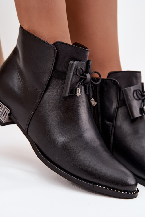 Botki Damskie Z Naturalnej Skóry Na Niskim Obcasie Zazoo 1396 Czarne