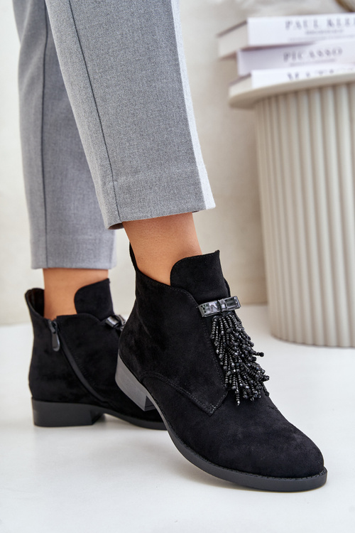 Ocieplane Niskie Botki Z Ozdobą Na Zamek S.Barski HY42-715 Czarne