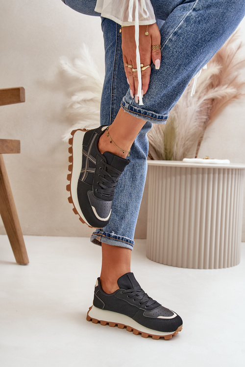 Sneakersy Buty Sportowe Damskie Sznurowane Na Platformie Czarne Mialunae