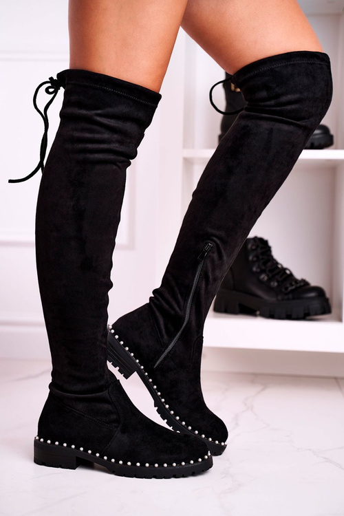 Kozaki Za Kolano Z Perełkami Zamszowe Czarne Isabel