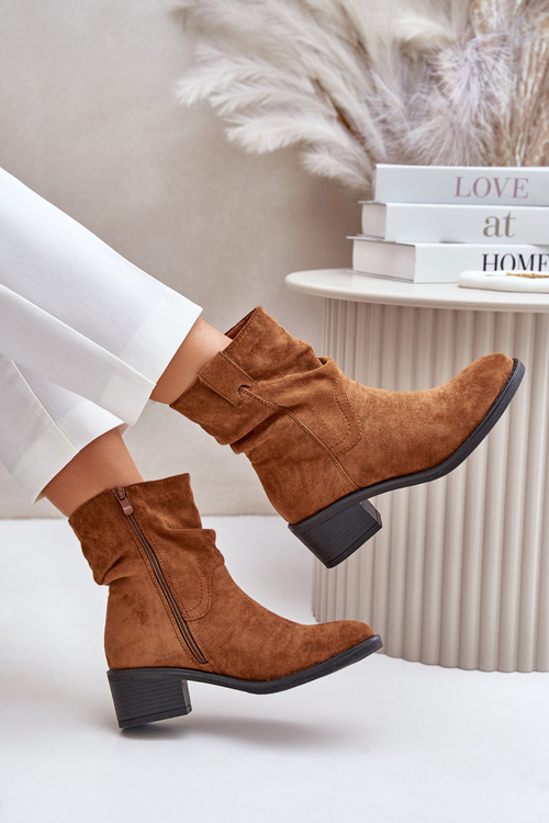 Ocieplane Botki Damskie Z Marszczoną Cholewką Na Niskim Obcasie Camel Zinanya