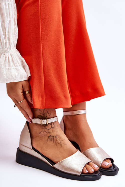 Damskie Klasyczne Skórzane Sandały Na Koturnie Złote Truett