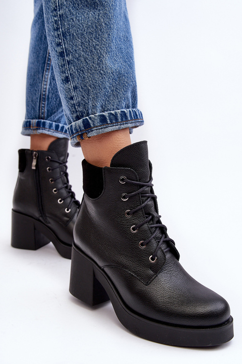 Skórzane Botki Damskie Na Słupku Czarne Lemar Leocera