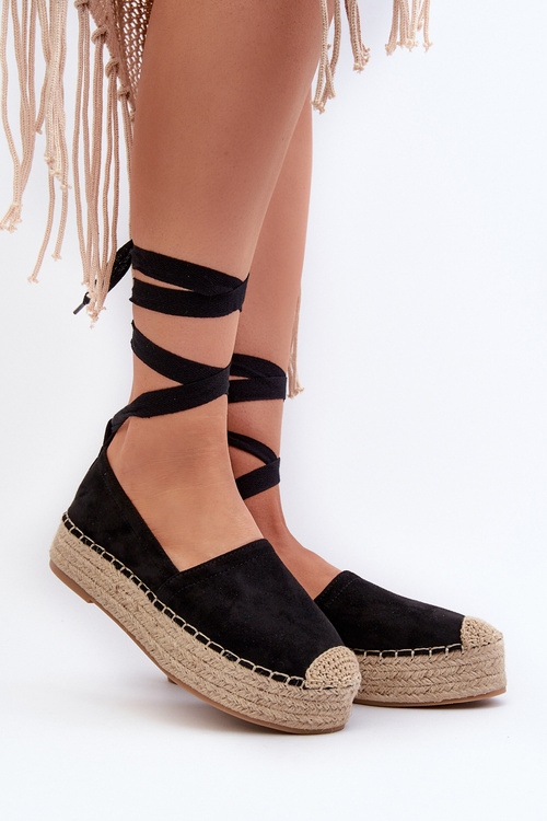 Espadryle Damskie Wiązane Na Platformie Z Plecionką Czarne Tailesse