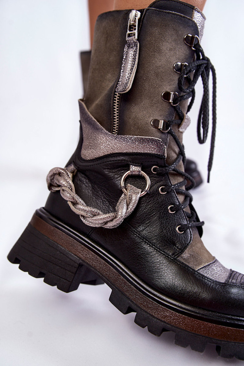 Skórzane Wysokie Botki Workery Maciejka 05586-01 Czarno-Szare
