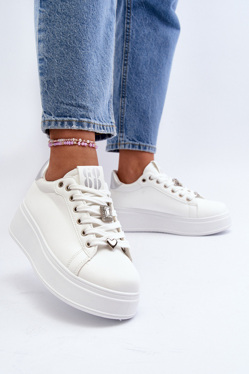 Sneakersy Damskie Na Platformie Z Ozdobami Białe Herbisa