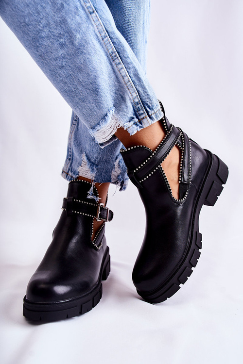 Damskie Skórzane Botki Z Ćwiekami Czarne Clares