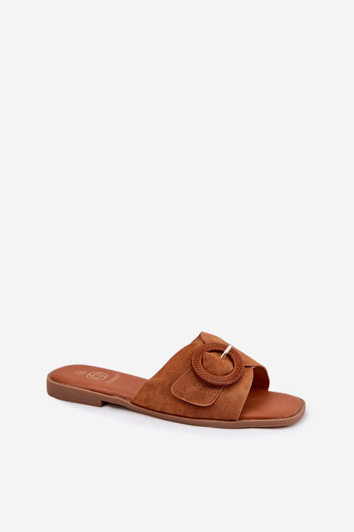 Klapki Damskie Na Płaskim Obcasie Z Klamrą Camel Lanoni