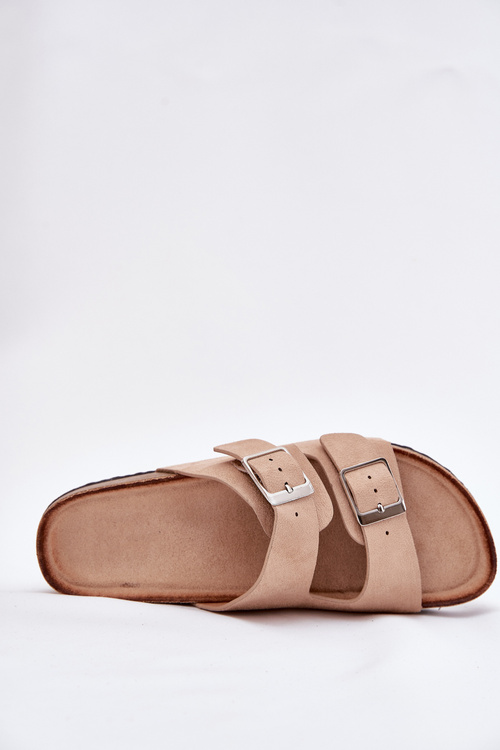 Klapki Damskie Na Korkowej Platformie Klamry Beżowe Evisolla