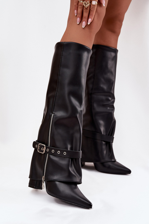 Kozaki Damskie Wsuwane Na Słupku Z Ozdobnym Paskiem Eko Skórzane Czarne Jolivine