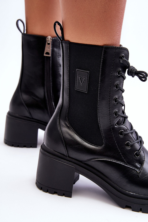 Damskie Skórzane Botki Na Obcasie Czarne Esnar