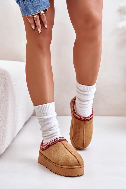 Śniegowce Damskie Na Platformie Ocieplane Futerkiem Camel Remenia