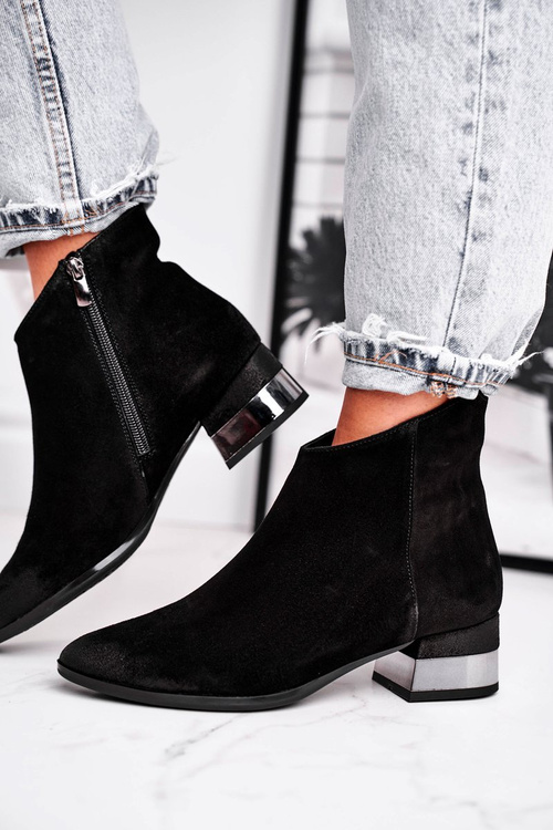 Botki Damskie Skórzane Ocieplane Laura Messi Czarne 2207