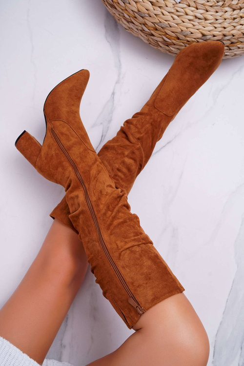 Kozaki Damskie Na Słupku Do Kolana Zamszowe Camel Bemma