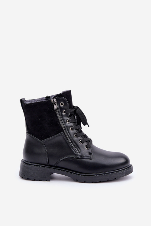 Ocieplane Botki Na Płaskim Obcasie Eko Skórzane Czarne Naoise