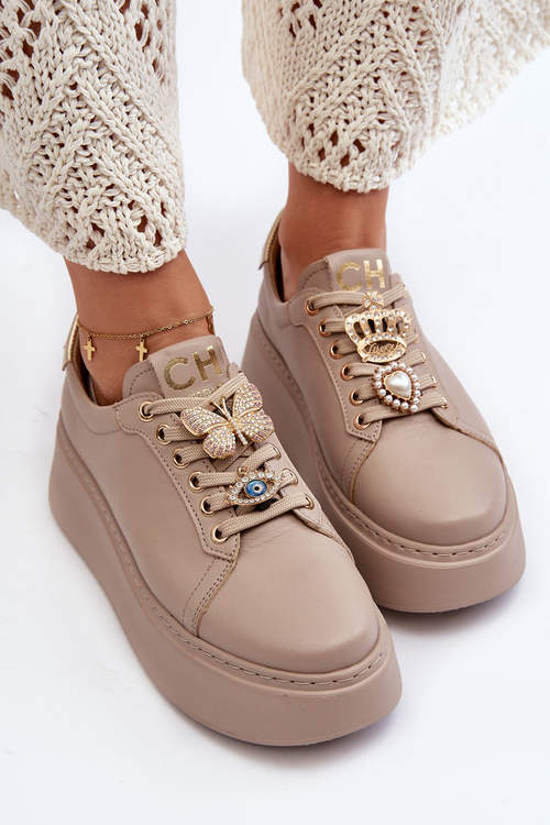 Damskie Skórzane Sneakersy Z Ozdobami CheBello 4292 Beżowe