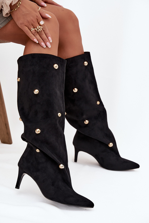 Wsuwane Kozaki Damskie Na Szpilce Ze Złotymi Ozdobami Czarne Thaliane