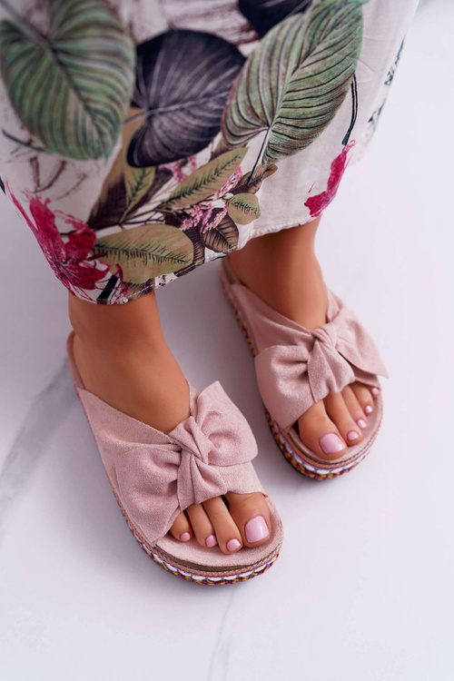 Klapki Damskie Z Kokardami Gruba Podeszwa Różowe Milady