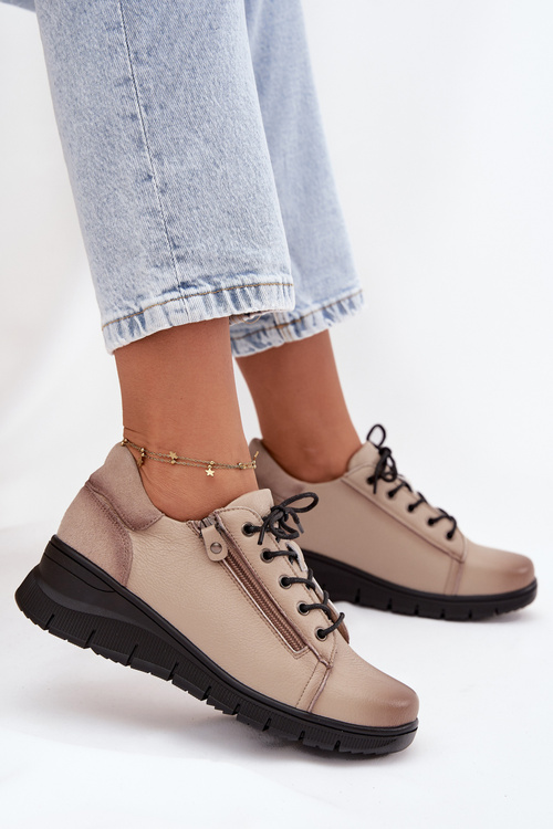 Skórzane Półbuty Damskie Na Koturnie Vinceza 39964 Beżowe