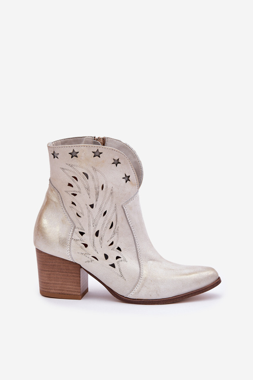 Ażurowe Botki Kowbojki Skórzane Na Słupku Lewski 3613 Złoty Przecierany